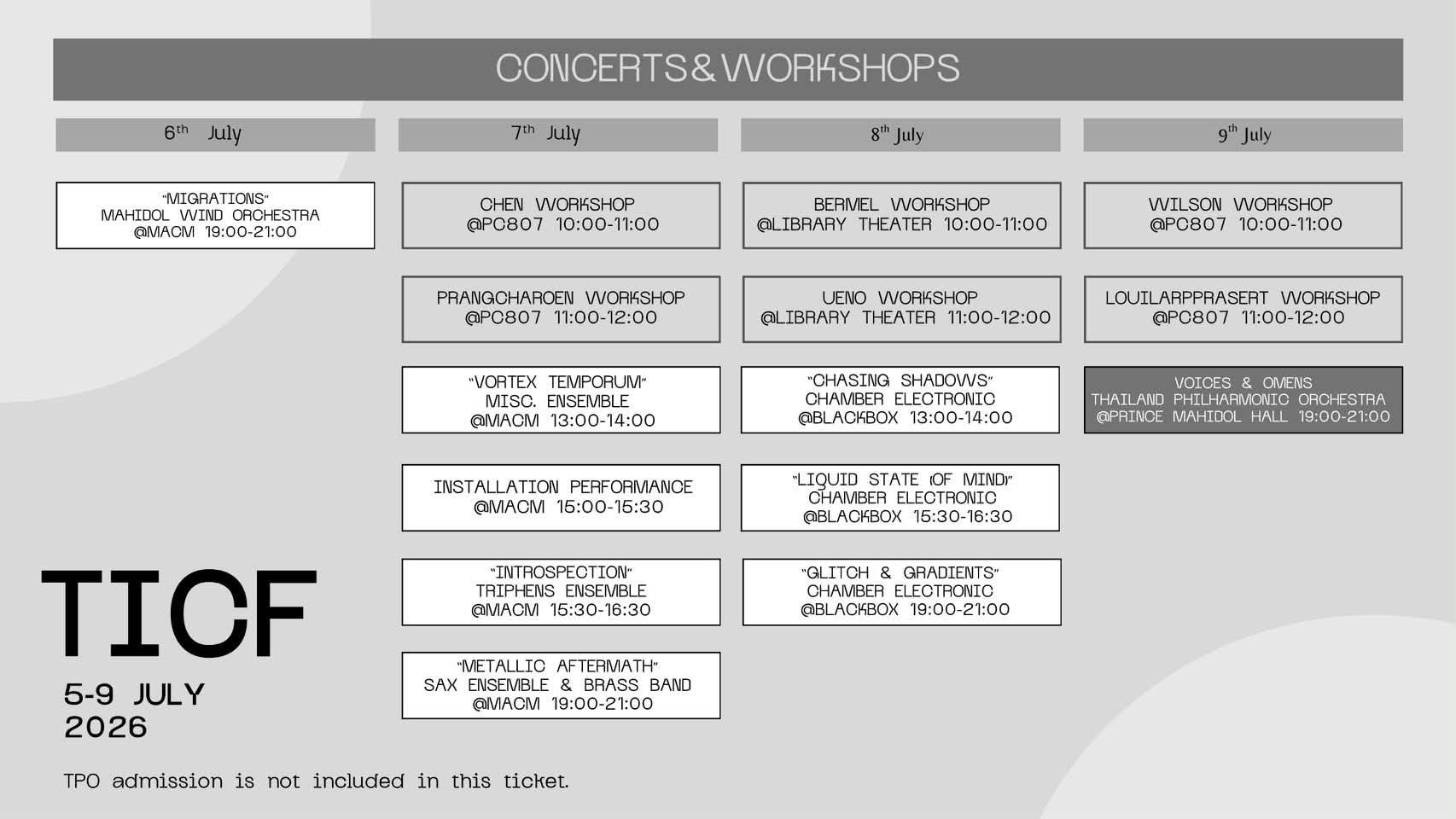 TICF 2026 Schedule - Concerts and Workshops